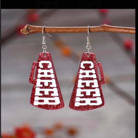 Red Glitter and White CHEER Megaphone Drop Earrings - Picture 2 of 6